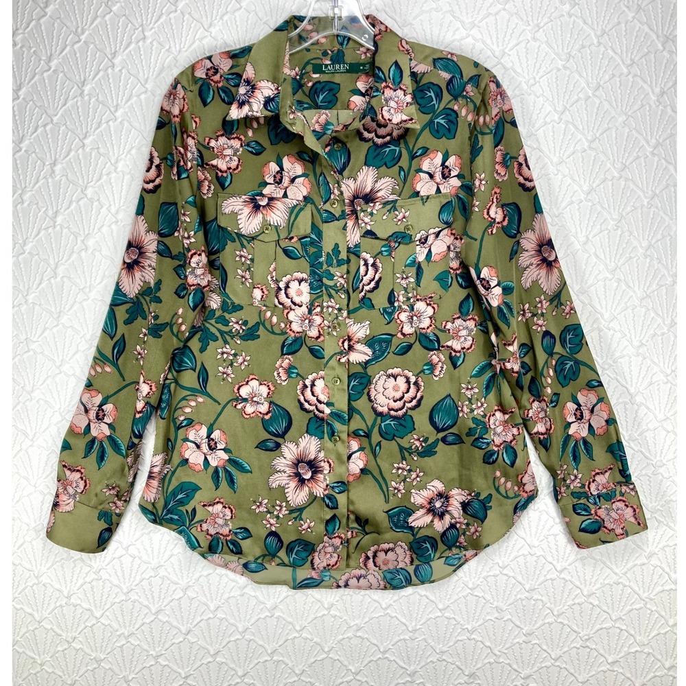Lauren Ralph Lauren Floral Button Down Shirt Top Women M Olive Green Cottagecore